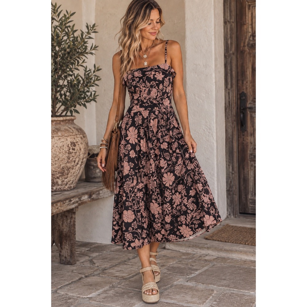 Jill Stuart Floral Midi Dress Grey Pink Tie Back Cutout Ruffle 4